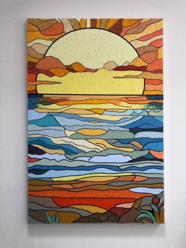 Peinture intitulée "Vitrail bord de mer" par Pierre Joseph, Œuvre d'art originale, Huile Monté sur Châssis en bois