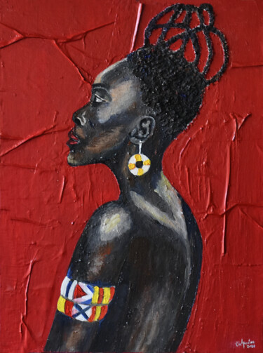 Painting titled "femme africaine 2" by Pierre Laurent Tichadou, Original Artwork, Oil