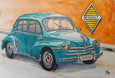 Painting titled "Renault 4CV" by Pierre-Louis Petit, Original Artwork, Watercolor Mounted on Cardboard