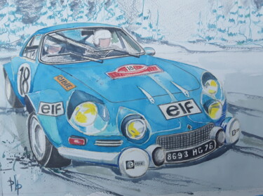 Malerei mit dem Titel "Alpine Renault A110" von Pierre-Louis Petit, Original-Kunstwerk, Aquarell