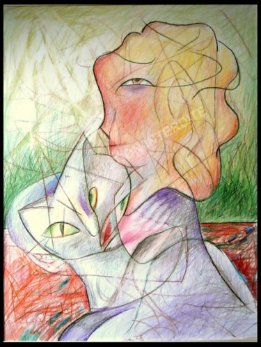 Drawing titled "Fillette au chat" by Pierre-Louis Torres, Original Artwork