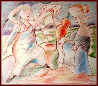 Disegno intitolato "Les Bretonnes" da Pierre-Louis Torres, Opera d'arte originale, Matite colorate