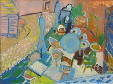 Painting titled "TERRASSE DE RESTAUR…" by Pierre-Marie Blardoni, Original Artwork, Pastel Mounted on Wood Panel