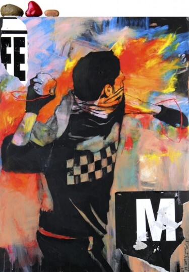 Painting titled "riot-mix-media-on-c…" by Pierre Mathieu, Original Artwork, Oil