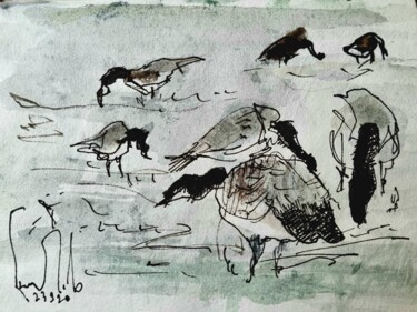 Drawing titled "Un groupe d'oies au…" by Pierre Milosavljevic, Original Artwork, Ink