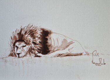 Drawing titled "Lion couché" by Pierre Milosavljevic, Original Artwork, Ink