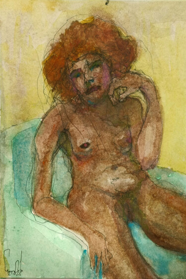 Painting titled "Femme assise et non…" by Pierre Milosavljevic, Original Artwork, Watercolor
