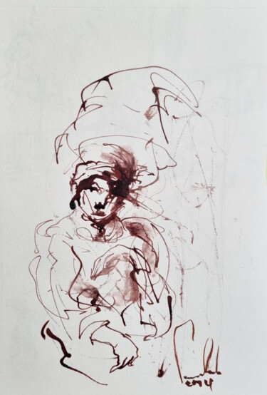 Drawing titled "Jeune femme assise,…" by Pierre Milosavljevic, Original Artwork, Ink
