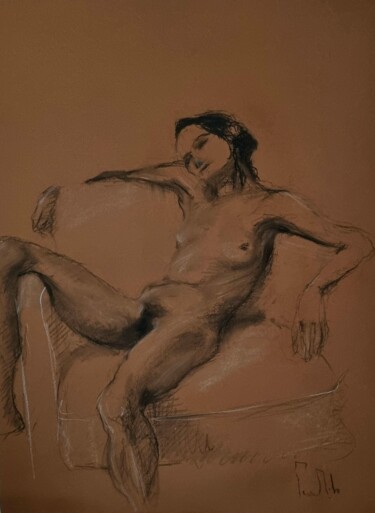 Drawing titled "Jeune femme nue, la…" by Pierre Milosavljevic, Original Artwork, Charcoal