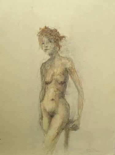 Рисунок под названием "Jeune fille debout,…" - Pierre Milosavljevic, Подлинное произведение искусства, Акварель