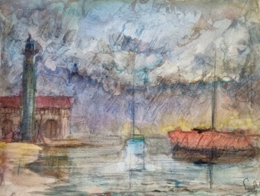 Malerei mit dem Titel "Paysage marin" von Pierre Milosavljevic, Original-Kunstwerk, Aquarell