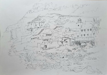 Dessin intitulée "Village perché à Am…" par Pierre Milosavljevic, Œuvre d'art originale, Encre