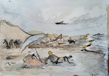 Painting titled "Baigneurs à la plag…" by Pierre Milosavljevic, Original Artwork, Watercolor