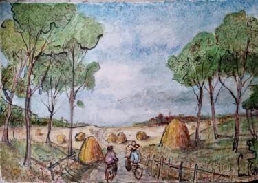 Painting titled "Deux cyclistes" by Pierre Milosavljevic, Original Artwork, Watercolor