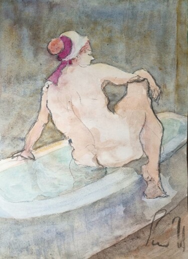 Painting titled "Femme s'apprêtant a…" by Pierre Milosavljevic, Original Artwork, Watercolor