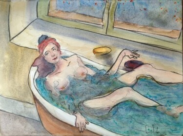 Painting titled "Le bain" by Pierre Milosavljevic, Original Artwork, Watercolor