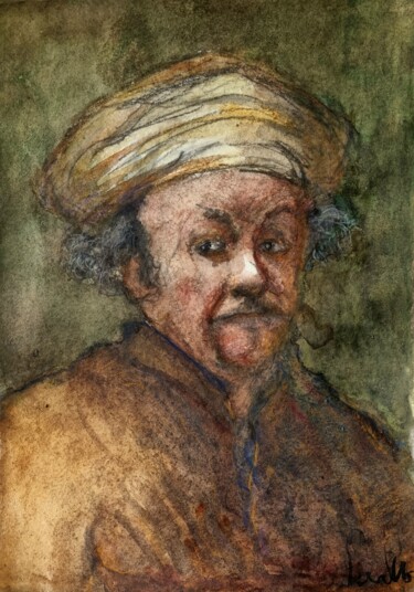 Peinture intitulée "Rembrandt- autoport…" par Pierre Milosavljevic, Œuvre d'art originale, Aquarelle