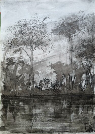 Painting titled "Bois dans la brume" by Pierre Milosavljevic, Original Artwork, Ink