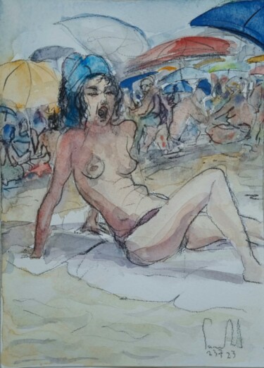 Peinture intitulée "Dame sans parasol à…" par Pierre Milosavljevic, Œuvre d'art originale, Aquarelle