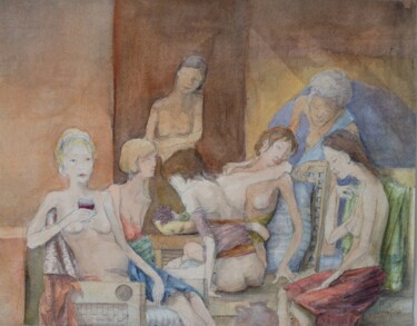 Painting titled "Dames nonchalantes…" by Pierre Milosavljevic, Original Artwork, Watercolor