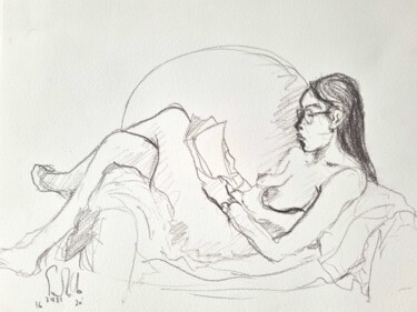 Drawing titled "Jeune fille lisant…" by Pierre Milosavljevic, Original Artwork, Pencil