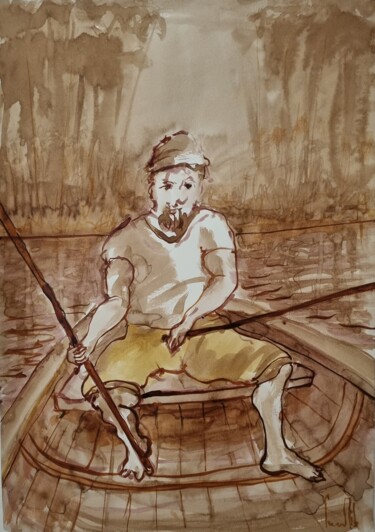 Peinture intitulée "Le canotier" par Pierre Milosavljevic, Œuvre d'art originale, Encre