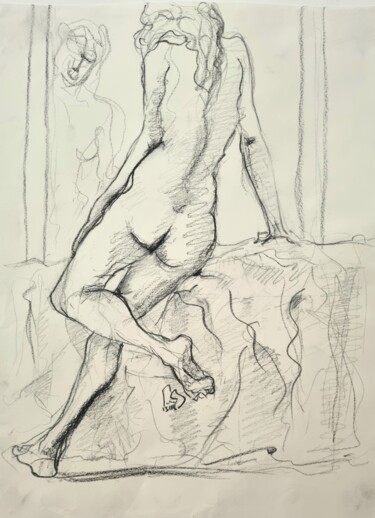 Dessin intitulée "Dame nue de dos" par Pierre Milosavljevic, Œuvre d'art originale, Crayon