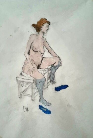 Drawing titled "Femme assise sur un…" by Pierre Milosavljevic, Original Artwork, Charcoal