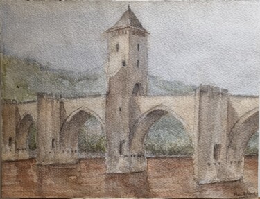Painting titled "Le pont de valentré…" by Pierre Milosavljevic, Original Artwork, Watercolor