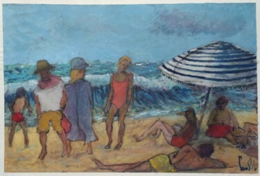 Peinture intitulée "À la plage par une…" par Pierre Milosavljevic, Œuvre d'art originale, Aquarelle