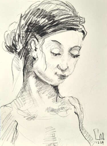 Рисунок под названием "Jeune fille concent…" - Pierre Milosavljevic, Подлинное произведение искусства, Древесный уголь