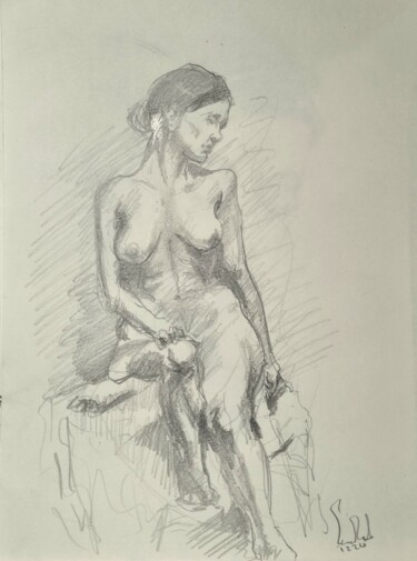 Drawing titled "Modèle assis, d'apr…" by Pierre Milosavljevic, Original Artwork, Pencil