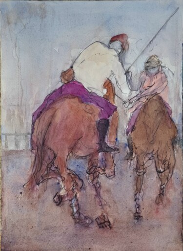 Peinture intitulée "Jeu de cavaliers" par Pierre Milosavljevic, Œuvre d'art originale, Aquarelle