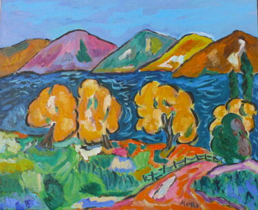 Painting titled "Les arbres jaunes" by Pierre Mori, Original Artwork, Oil