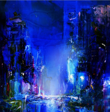 Digital Arts titled "Blue" by Pierre Olié, Original Artwork, Digital Painting Mounted on Wood Stretcher frame