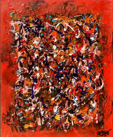 Painting titled ""red red media"" by Pierre Olié, Original Artwork, Acrylic Mounted on Wood Stretcher frame