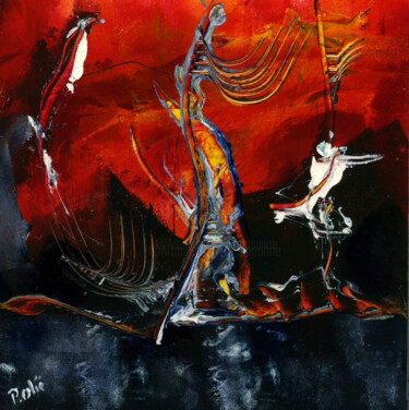 Painting titled "Graphique coloré red" by Pierre Olié, Original Artwork, Oil Mounted on Wood Stretcher frame