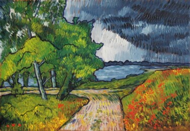Peinture intitulée "Chemin au bord du l…" par Pierre Paszkowski, Œuvre d'art originale, Huile