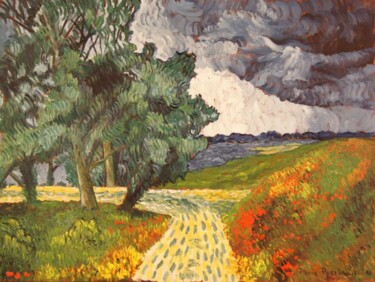 Peinture intitulée "Chemin au bord du l…" par Pierre Paszkowski, Œuvre d'art originale, Huile