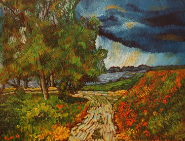 Peinture intitulée "Chemin au bord du l…" par Pierre Paszkowski, Œuvre d'art originale, Huile