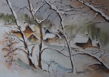 Painting titled "Un village sous la…" by Pierre Patenet, Original Artwork, Watercolor