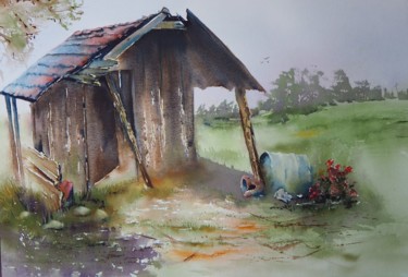 Painting titled "Une cabane." by Pierre Patenet, Original Artwork, Watercolor