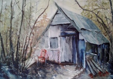 Painting titled "Cabane" by Pierre Patenet, Original Artwork, Watercolor Mounted on Cardboard