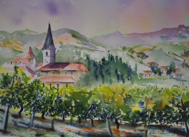 Malerei mit dem Titel "Village d'Igé." von Pierre Patenet, Original-Kunstwerk, Aquarell Auf Karton montiert