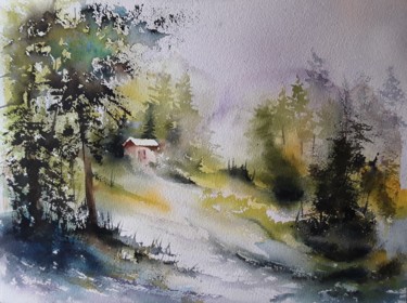 绘画 标题为“Cabane en forêt.” 由Pierre Patenet, 原创艺术品, 水彩