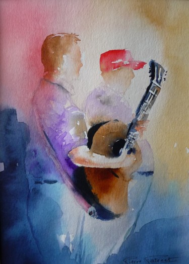 Painting titled "Le guitariste." by Pierre Patenet, Original Artwork, Watercolor Mounted on Cardboard