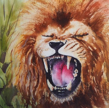 Painting titled "Lion rugissant" by Pierre Patenet, Original Artwork, Watercolor Mounted on Cardboard