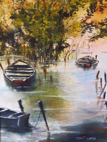 Malerei mit dem Titel "Barques à Pont de V…" von Pierre Patenet, Original-Kunstwerk, Aquarell