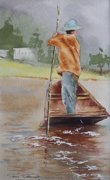 Schilderij getiteld "pêcheur en Thailande" door Pierre Patenet, Origineel Kunstwerk, Aquarel