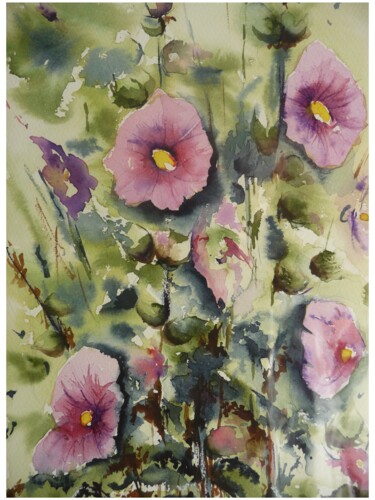 Painting titled "Les roses trémières." by Pierre Patenet, Original Artwork, Watercolor